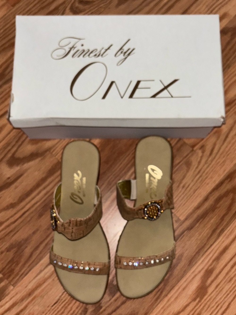 Onex Women’s Tan Slide Sandals with Decorative Gem Accents